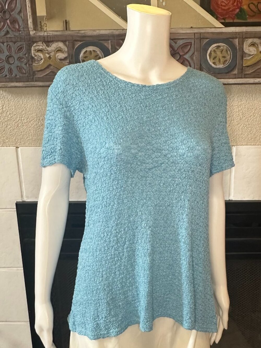 Croft & Barrow Stretch TEXTURED Seascape Blue Short Sleeve Top LARGE Blouse NWT